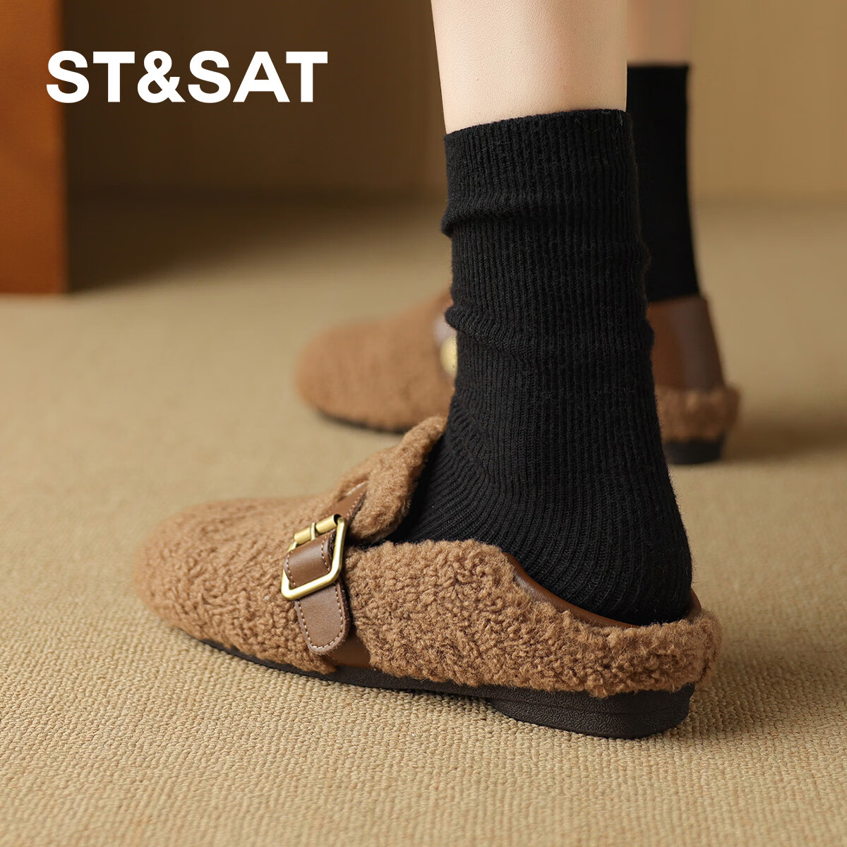 星期六加绒浅口棉鞋女2025新款秋冬季懒人一脚蹬保暖豆豆鞋软底圆头单鞋 棕色 【秋冬精品】一鞋两穿 36