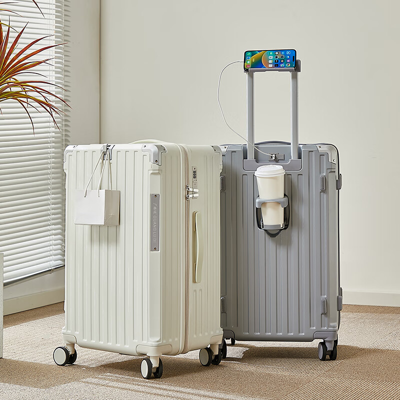 广璐迪(GUANG LU DI)三七分深舱大容量拉杆行李箱学生男万向轮密码箱女旅行箱子皮箱包 三七分大深舱箱/米白色-多功能设计 24英寸 适合远行