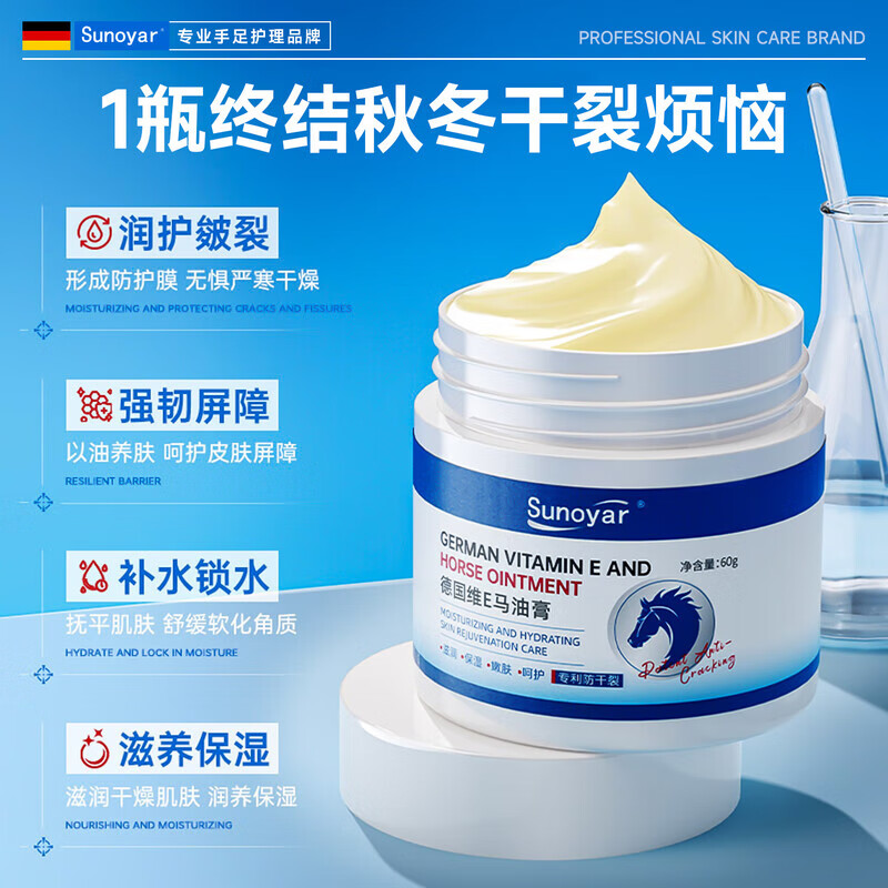Sunoyar德国维E马油防裂膏手足裂干裂脚后跟开裂护手硬皮跟皲裂 1盒装【局部适用】德国品质医研级防干裂滋润