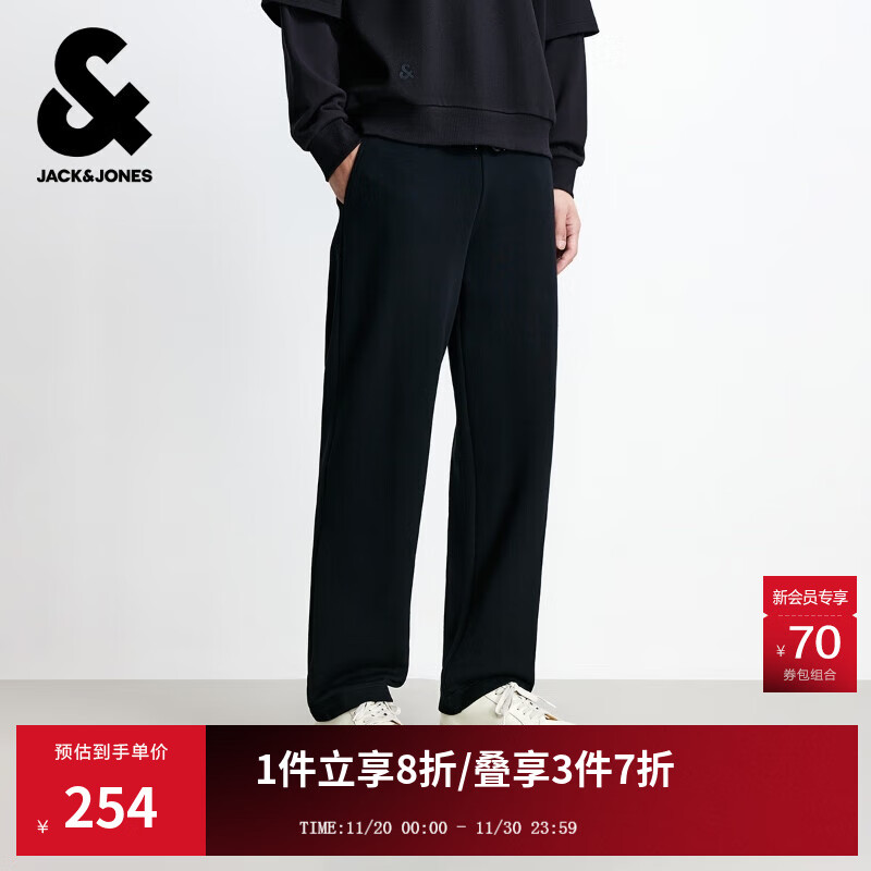 杰克·琼斯（JACK&amp;JONES）男装秋季时尚潮通勤简约百搭舒适纯色纯棉运动卫裤直筒休闲裤男 E43纯黑色-直筒加绒款 31 175