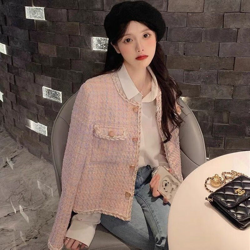 服短款粉色呢格子编织条纹小香风短外套女秋冬法式气质粗花呢小西装