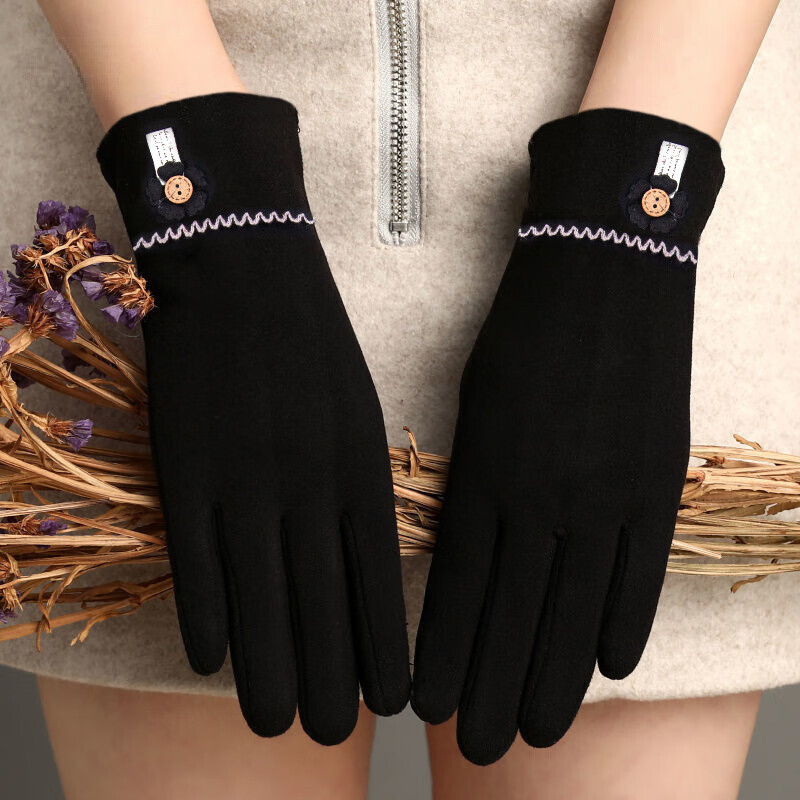 达芬奇密码 冬季保暖可爱女生日系太阳花扣加绒分指手套带触屏 花扣黑色