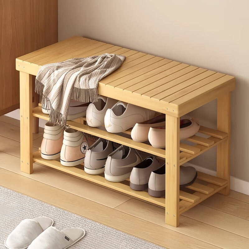 馨婺家换鞋凳家用长条竹制鞋架门口入户玄关可坐穿鞋鞋柜一体简约换鞋柜 原木色-2层【加厚加粗】