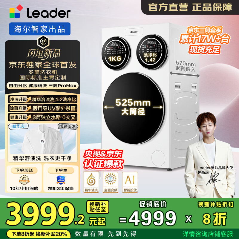 统帅（Leader）懒人三筒洗衣机ProMax【国家补贴加磅】快净0手洗 全自动洗衣机 海尔智家出品 分区洗 林高远同款  三合一三缸 XQGL125-MBLDE697WU1