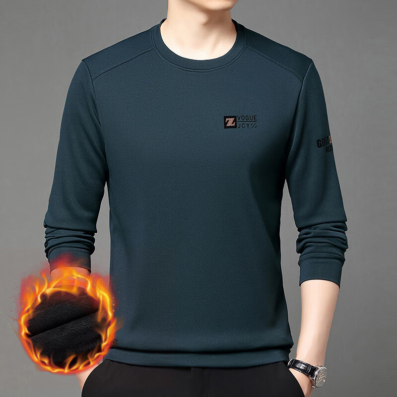 CronetKcnsy秋冬季男士圆领长袖t恤卫衣新款加绒加厚保暖内衣单件上衣打底衫 卡其-加绒 L 【建议115-130斤】