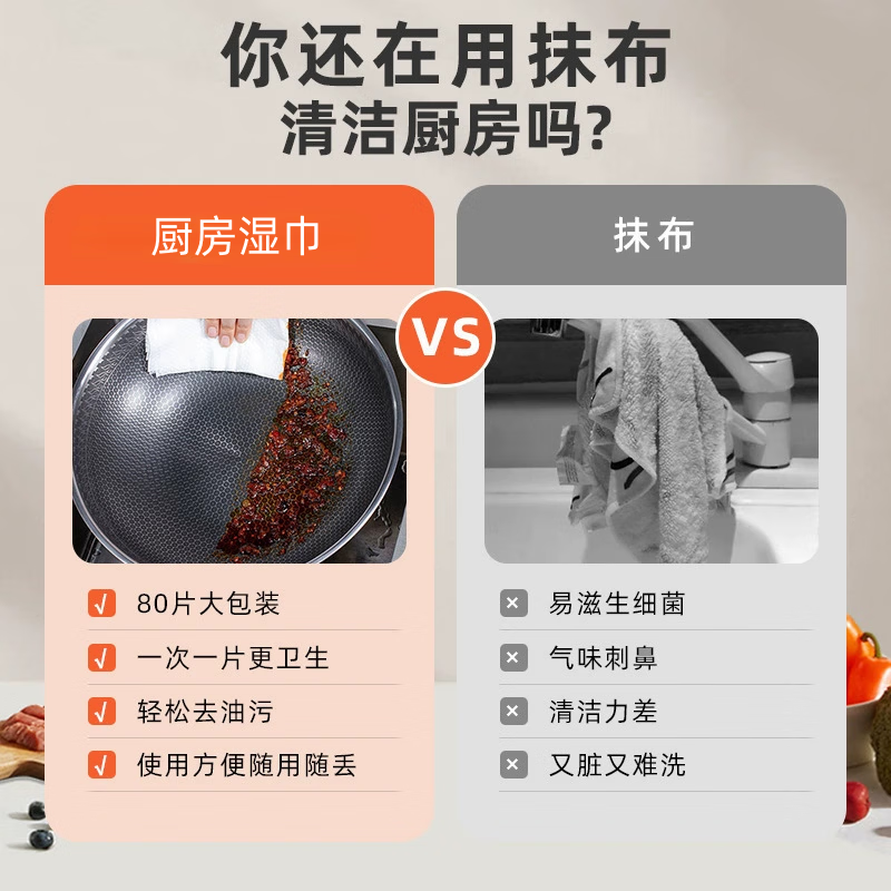 倪润厨房湿巾家用去油污擦油湿纸巾大包擦灶台擦油烟机一次性抹布 【去油不伤手】 1层 80抽*1包 750克大包装