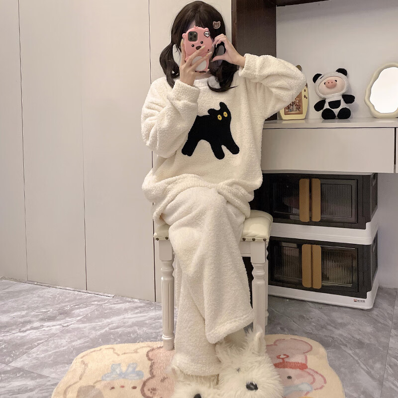 都市丽人睡衣套装女士秋冬季2025新款加绒加厚家居服可爱半边绒睡衣可外穿 可爱小黑猫 XL  （建议120-140斤）