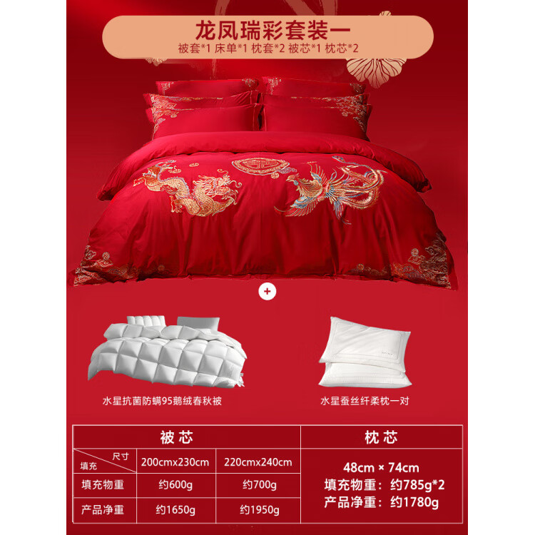 水星家纺婚庆四件套全棉喜庆结婚床上用品纯棉大红床单被套新婚 龙凤瑞彩套装一【结婚四件套+鹅绒被+枕芯】 适用1.8米床，建议搭配220*240cm被芯