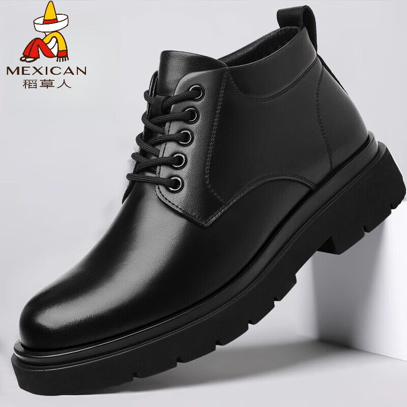 稻草人（MEXICAN）男鞋新款中高帮商务休闲皮鞋男真皮软底加绒保暖棉鞋男短靴马丁靴 B-657黑色四季款 46