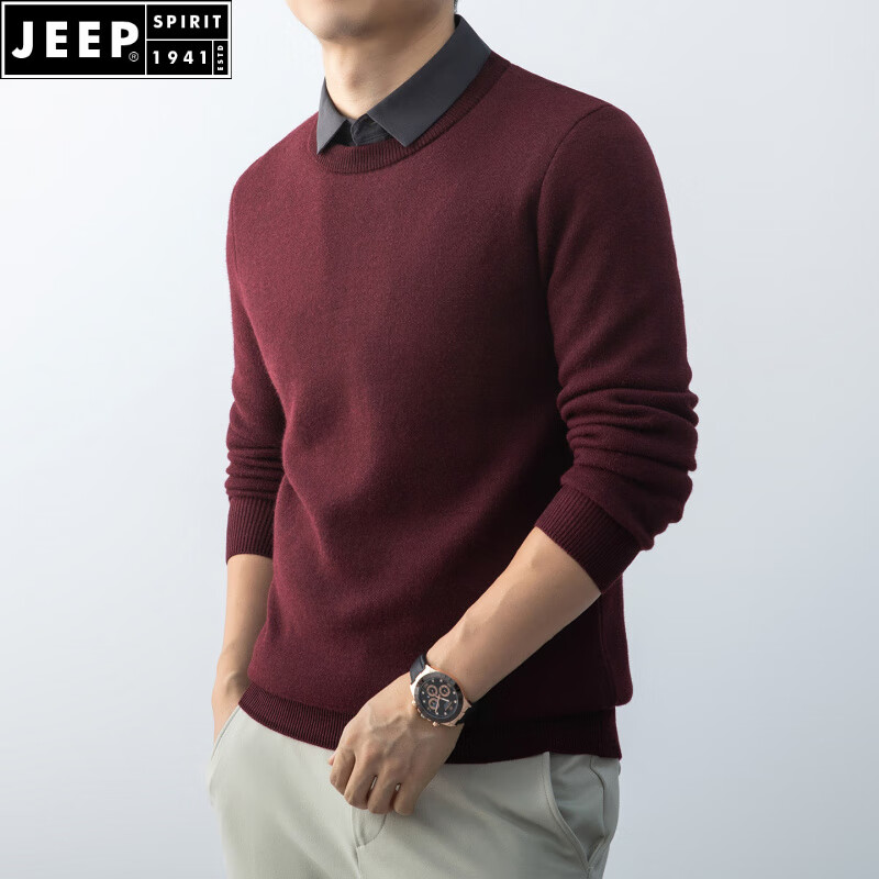 JEEP SPIRIT冬季新款男式加绒针织衫翻领假两件加厚保暖男装商务打底衫针织衫 酒红色 S 165