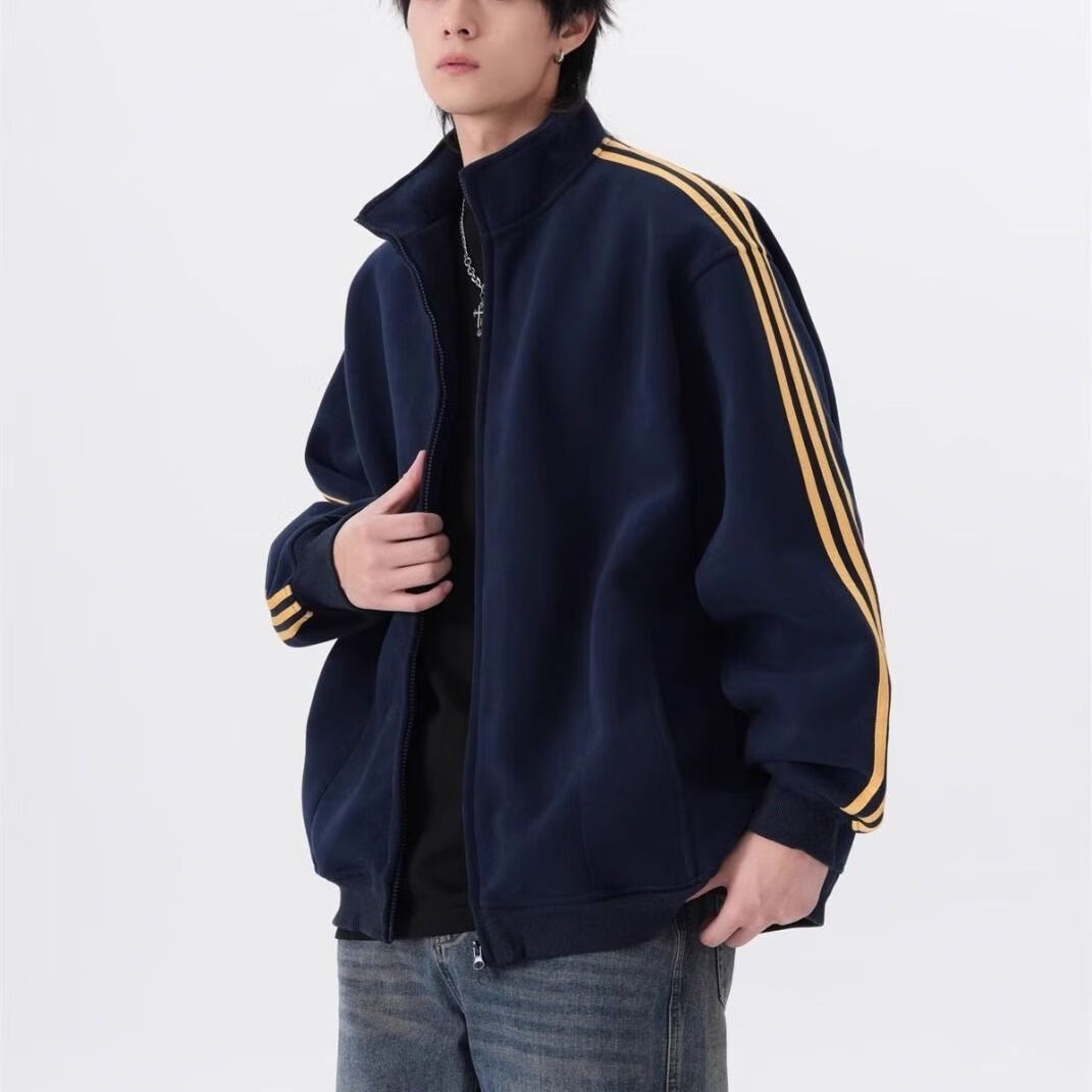 东馨鸟潮牌三条复古开衫卫衣秋季美式立领条纹夹克外套宽松情侣拉链上衣 藏青色（三杠外套） 3XL