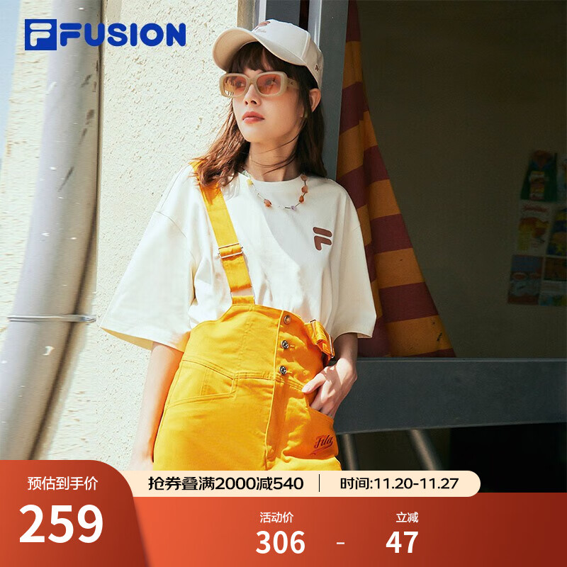 斐乐（FILA）FUSION潮牌情侣短袖T恤夏季宽松休闲印花男女装圆领纯棉上衣 仿古白-IV M (170)