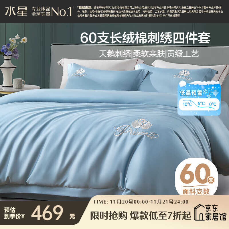 水星家纺四件套床上60支长绒棉纯棉100%全棉丝滑被套床单双人轻奢高级1.8m床天鹅家居馆