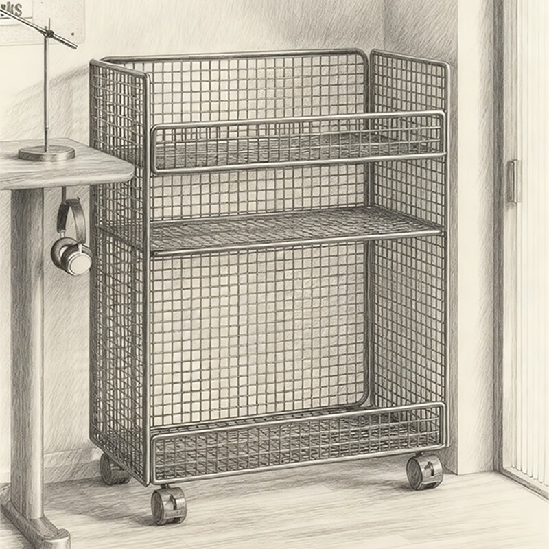 尔思家可移动书架简易书架立式落地书桌旁多层桌边置物架推车收纳书柜 黑色三层滑轮款【常规网格】