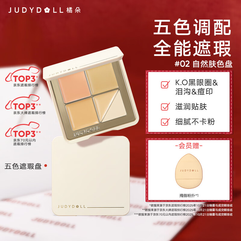 橘朵（Judydoll）五色遮瑕盘遮瑕膏底妆遮盖斑点黑眼圈提亮泪沟法令纹02自然肤色