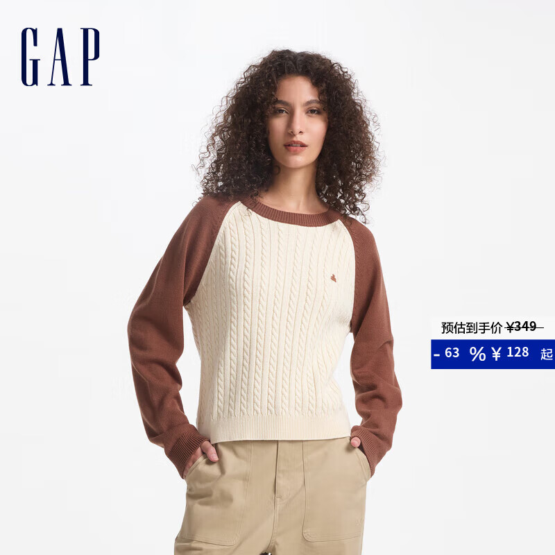 GAP女装LOGO撞色插肩袖圆领毛衣宽松针织衫634840 米色 XL (175/92A)亚洲尺码