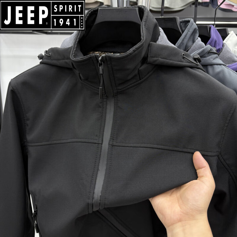 JEEP SPIRIT2025秋季新款中青年男士连帽夹克外套休闲宽松纯色百搭上衣冲锋衣 黑色 L
