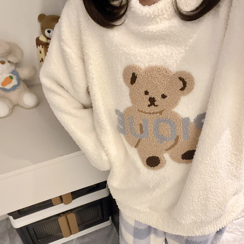 都市丽人半边绒女士睡衣女秋冬季2025新款加绒加厚家居服套装女睡衣可外穿 格子小熊 XL  （建议120-140斤）