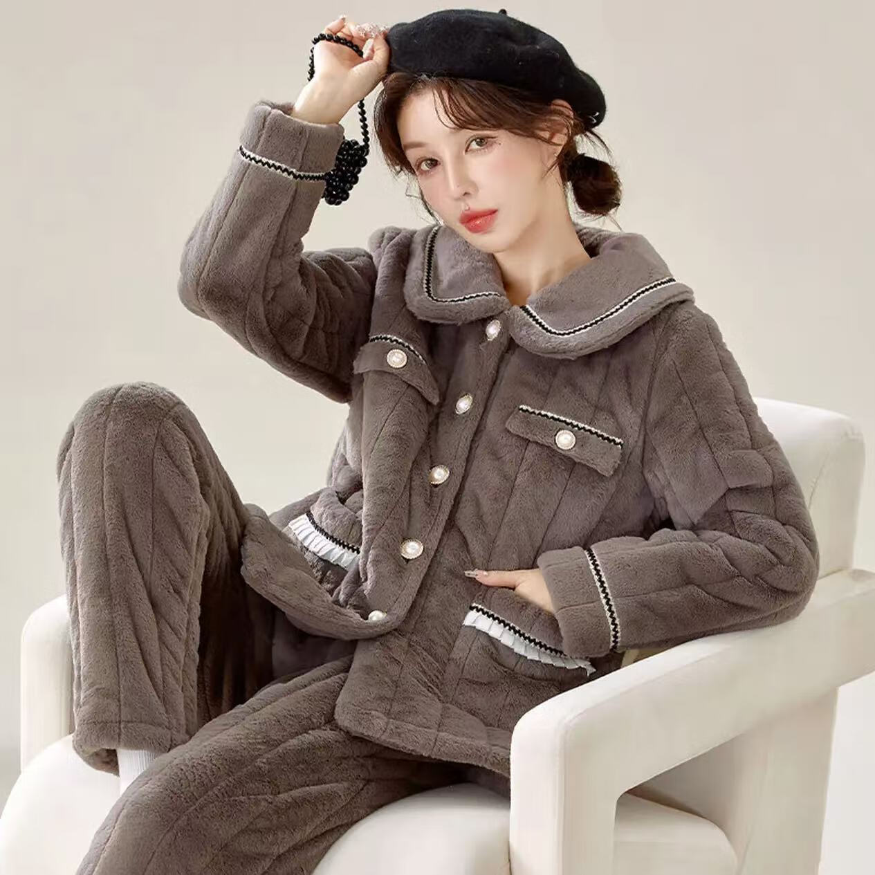 chunnian睡衣女秋冬加绒加厚珊瑚绒三层夹棉袄法兰绒女士保暖家居服套装 KJ-803 XL