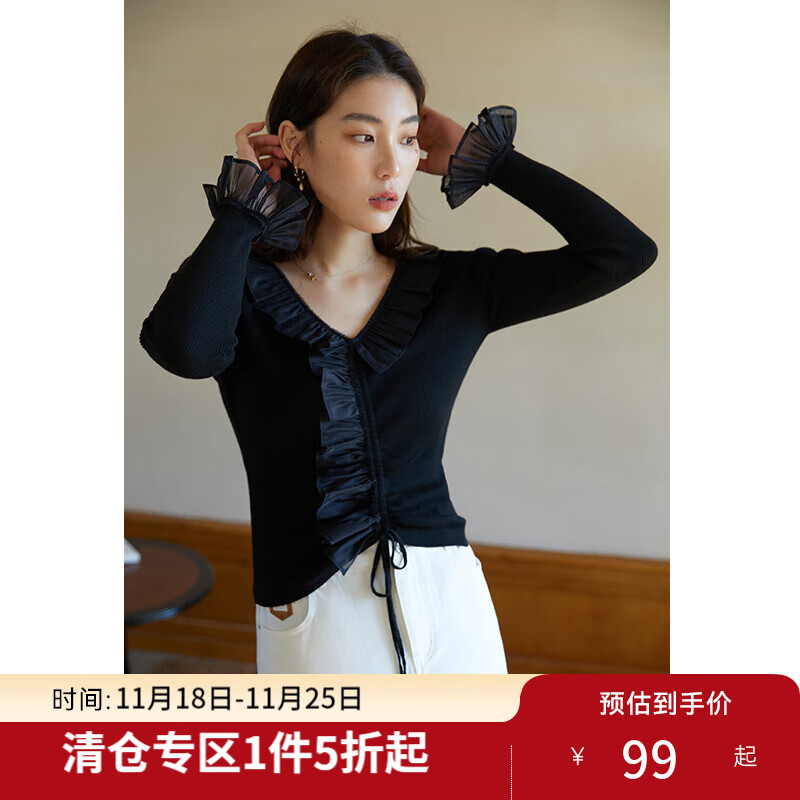 独束微胖MM大码女装法式甜美温柔针织衫女显瘦上衣修身 静谧黑 XL （尺码：3）