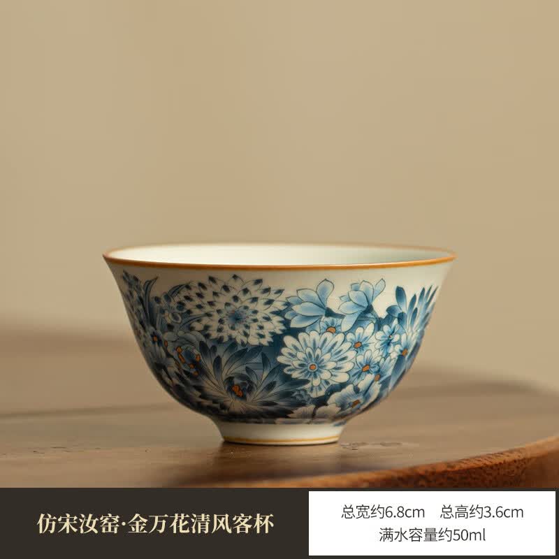 景盏景德镇工艺手工青花万花茶杯陶瓷茶具主人杯客杯岩茶杯品茗杯家用 仿宋汝窑-金万花清风客杯