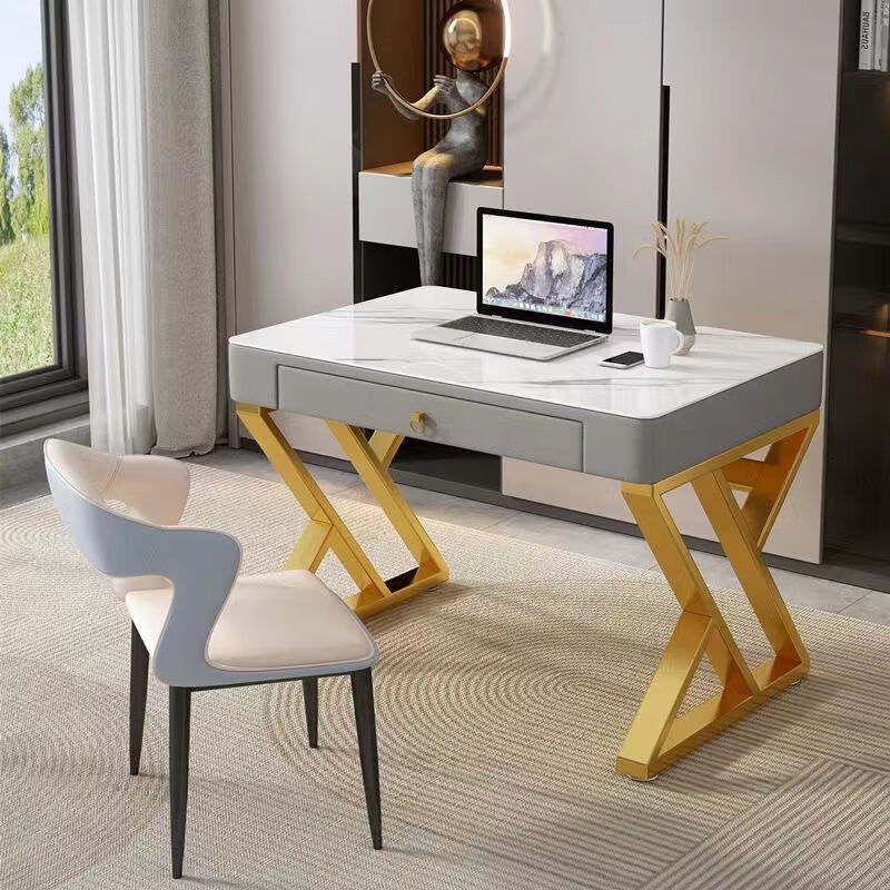 欣慕雅岩板书桌轻奢现代意式电脑台式桌家用简易办公桌卧室工作台学习桌 【金架灰柜白岩板】100cm 岩板电脑桌