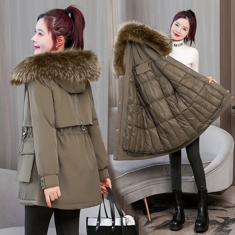 女士冬季时尚中款女士派克服中款可拆卸一衣三穿女中长款内胆棉服2022新款棉衣加厚外套 卡其色 M85-105斤