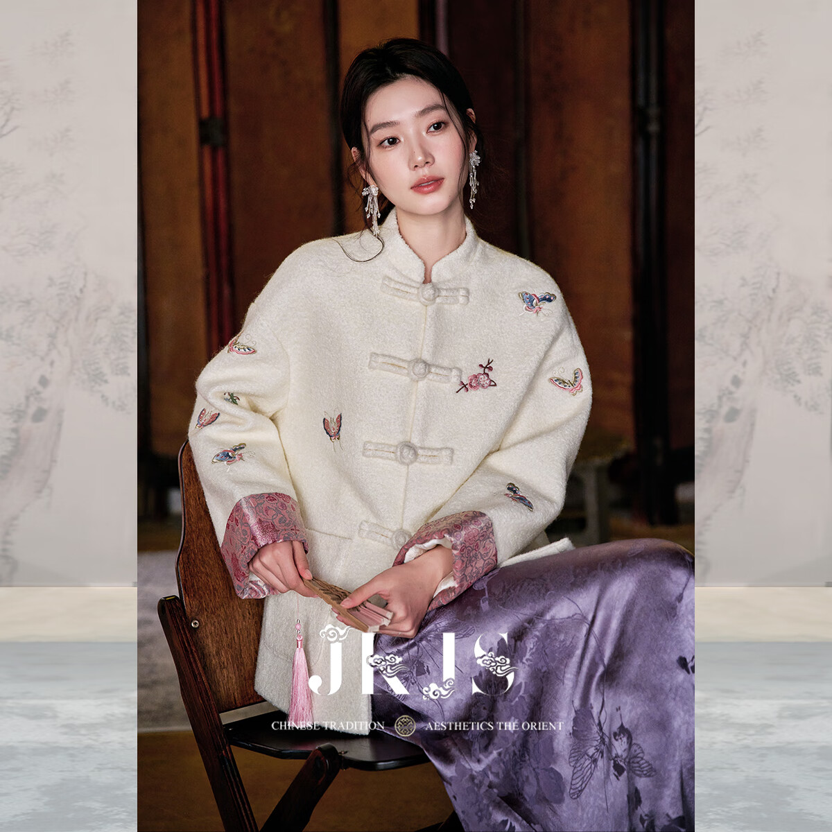 JK&amp;JS【云蝶衣】绵羊毛混纺新中式毛呢外套高级感刺绣呢子盘扣大衣 素米白 M