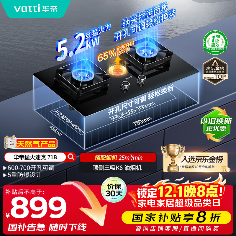 华帝（VATTI）国家补贴20%燃气灶天然气嵌入式台式一级能效5.2kW猛火煤气炉灶双灶台灶具i10071B【天然气产品】