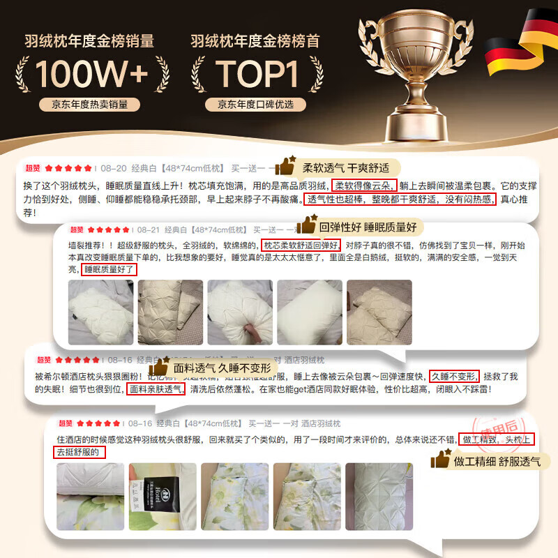 飒望【德国】希尔顿羽丝绒枕头五星级酒店护颈枕深度睡眠颈椎病护颈椎 护颈椎助睡眠 A类 经典白色款【低枕48*74cm】一对