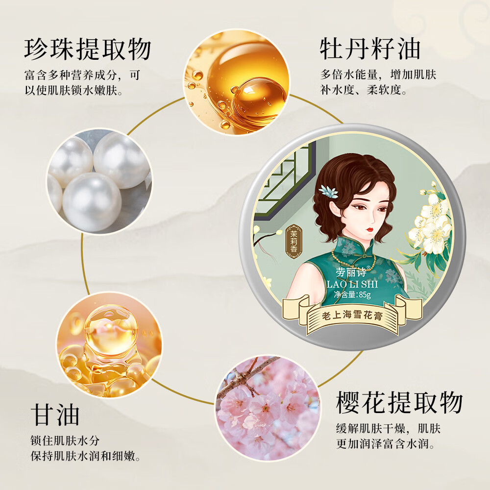 劳丽诗老上海雪花膏85g/盒国货面霜保湿面霜秋冬季滋润男女可用 三盒装（玫瑰香+茉莉香+玉兰香）