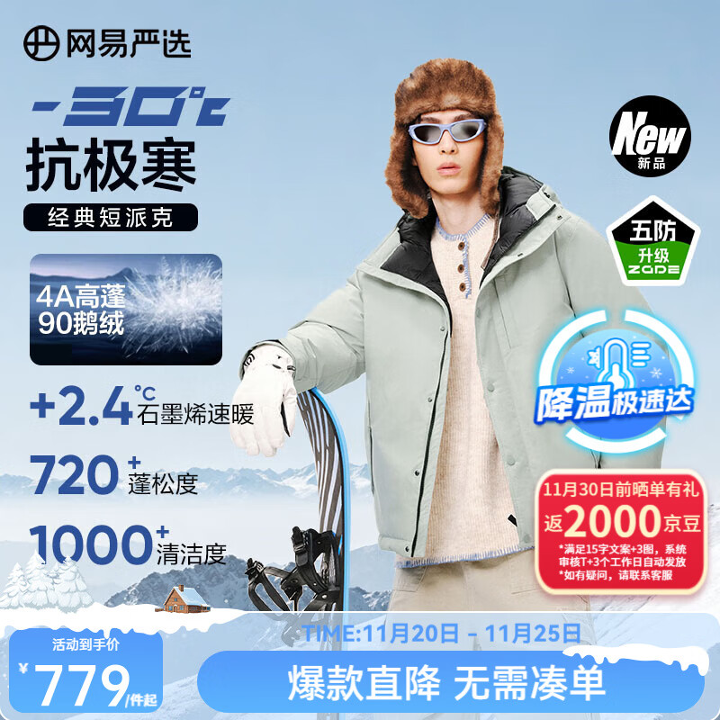 网易严选中国大鹅x燕云联名款地表强温90白鹅绒短款派克羽绒服-30℃抗寒 A款25秋冬-银川蓝 XL