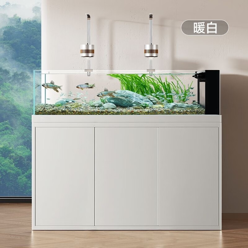 2025新款溪流缸客厅鱼缸超白玻璃家用小型底滤金鱼缸底滤造景缸 金属灰 120长*50宽超白侧溢流 两个溪流灯