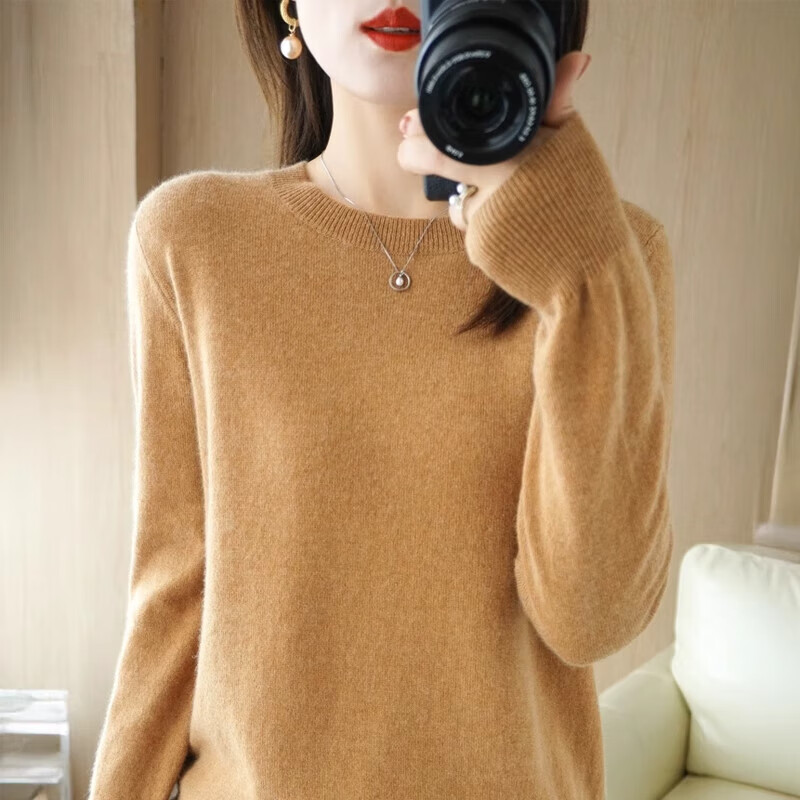 小红书QQ女V领宽松针织打底衫内搭上衣秋冬 金驼圆领 M 70110斤