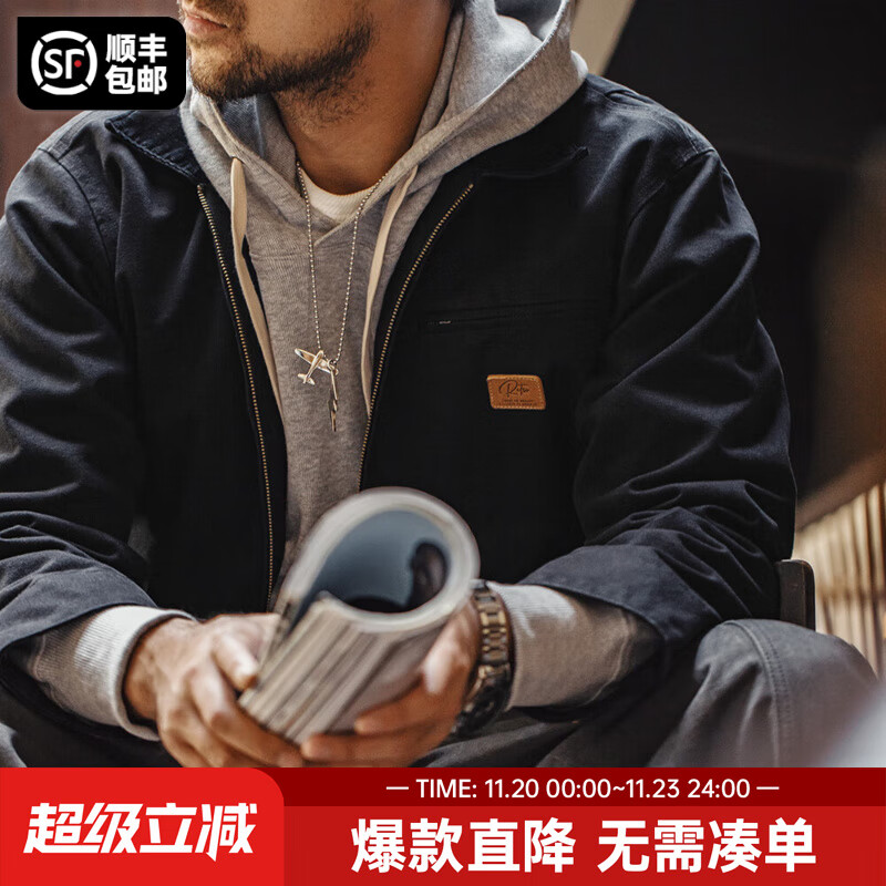 马登工装底特律猎装夹克男美式复古J001巴恩风翻领谷仓外套秋季新款 黑色 【男士休闲外套/高级感痞帅】 L