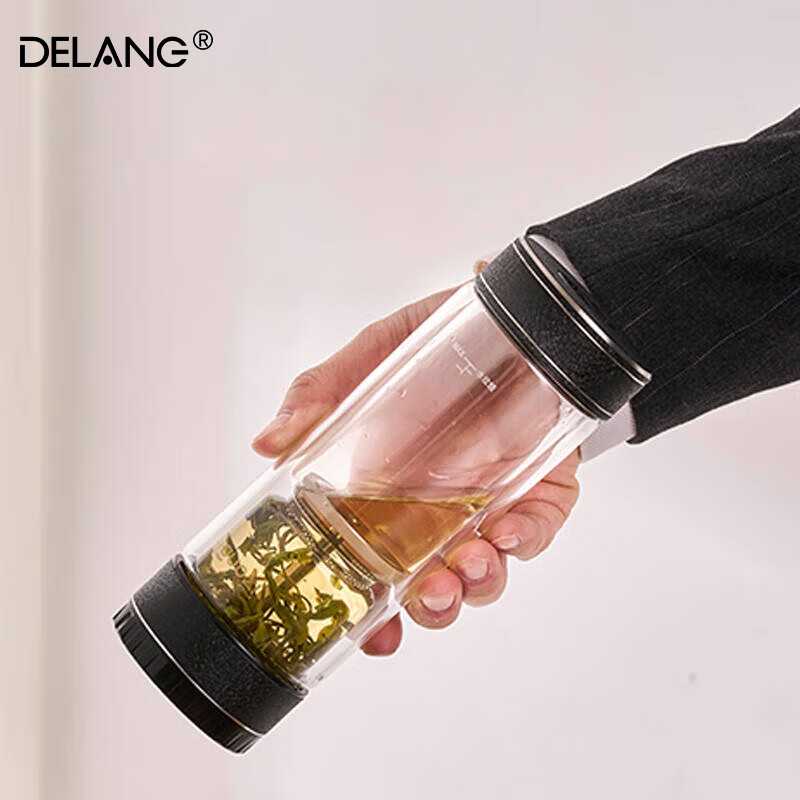 德琅（DELANG）德国品牌水杯双层玻璃杯商务办公玻璃杯 316不锈钢纯钛高档茶水分离杯DL8806