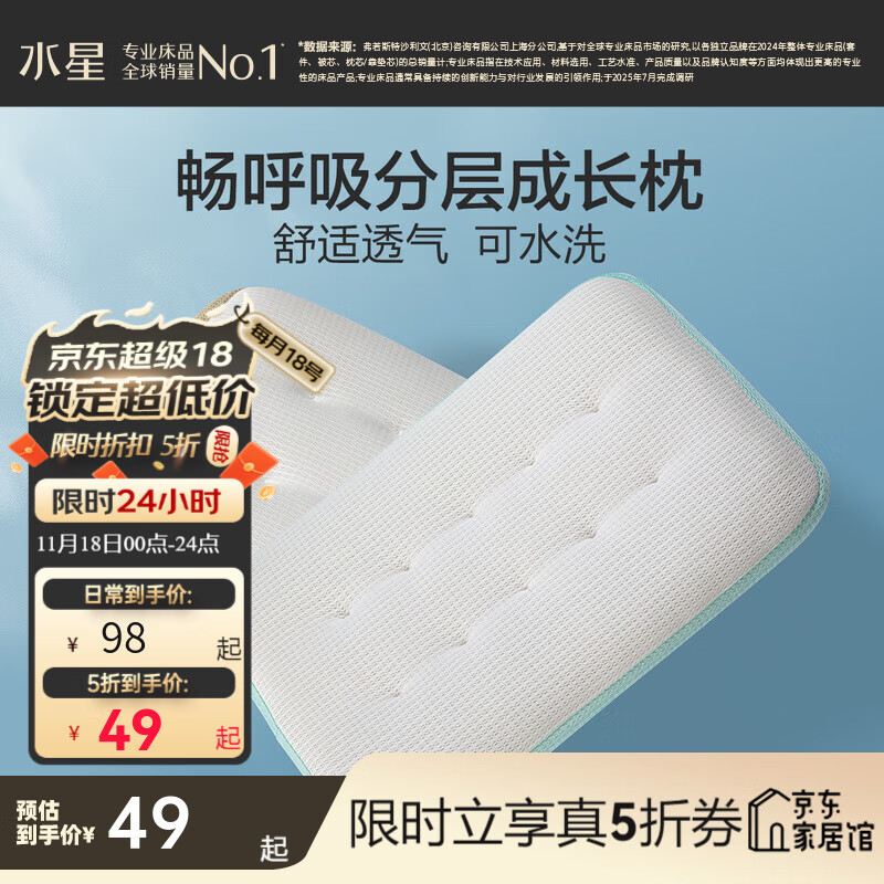 水星家纺枕头枕芯 婴幼儿A类畅呼吸分层可水洗成长枕 畅呼吸【莱赛尔/抗菌可水洗】蓝