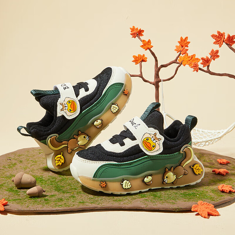 B.Duck小黄鸭儿童运动鞋冬季男女童潮鞋短绒保暖二棉跑鞋3044A黑米24