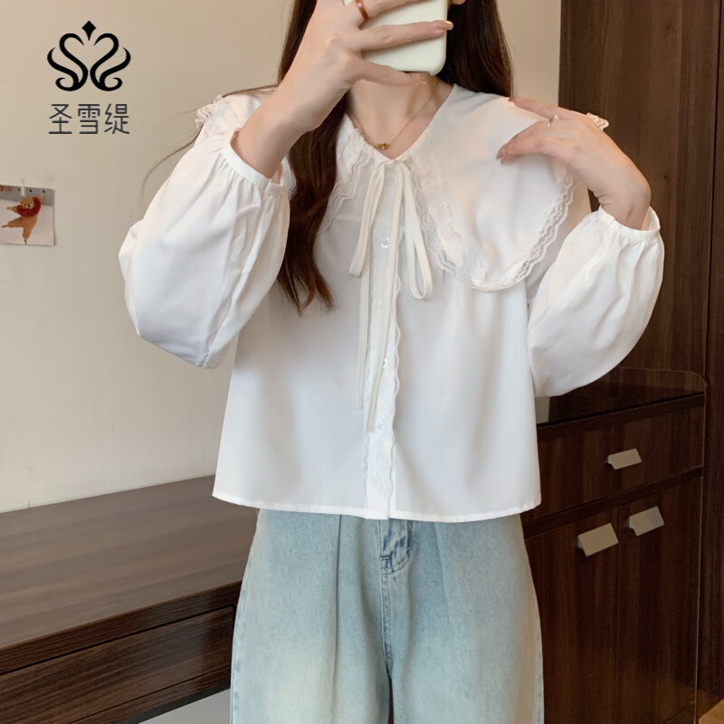 圣雪缇大码法式娃娃领衬衫女春秋季感气质减龄白色衬衣长袖上衣胖mm