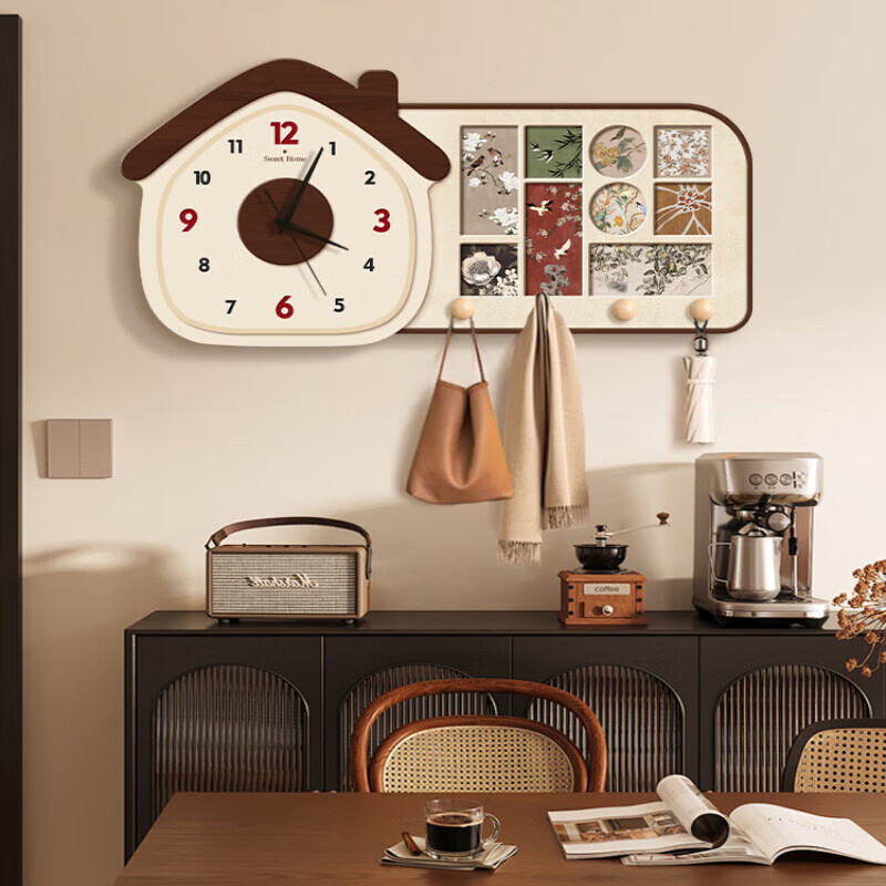 立始2025新款洞洞板收纳门后挂钩静音挂钟装饰画感衣帽架挂表时钟 复古格调 小号 【洞洞板置物架+钟表】