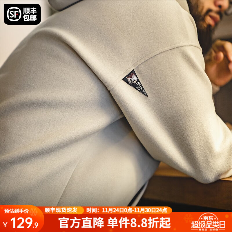 马登工装重磅毛呢连帽卫衣男外套美式休闲套头衫男士运动上衣秋季男装 卡其色 L