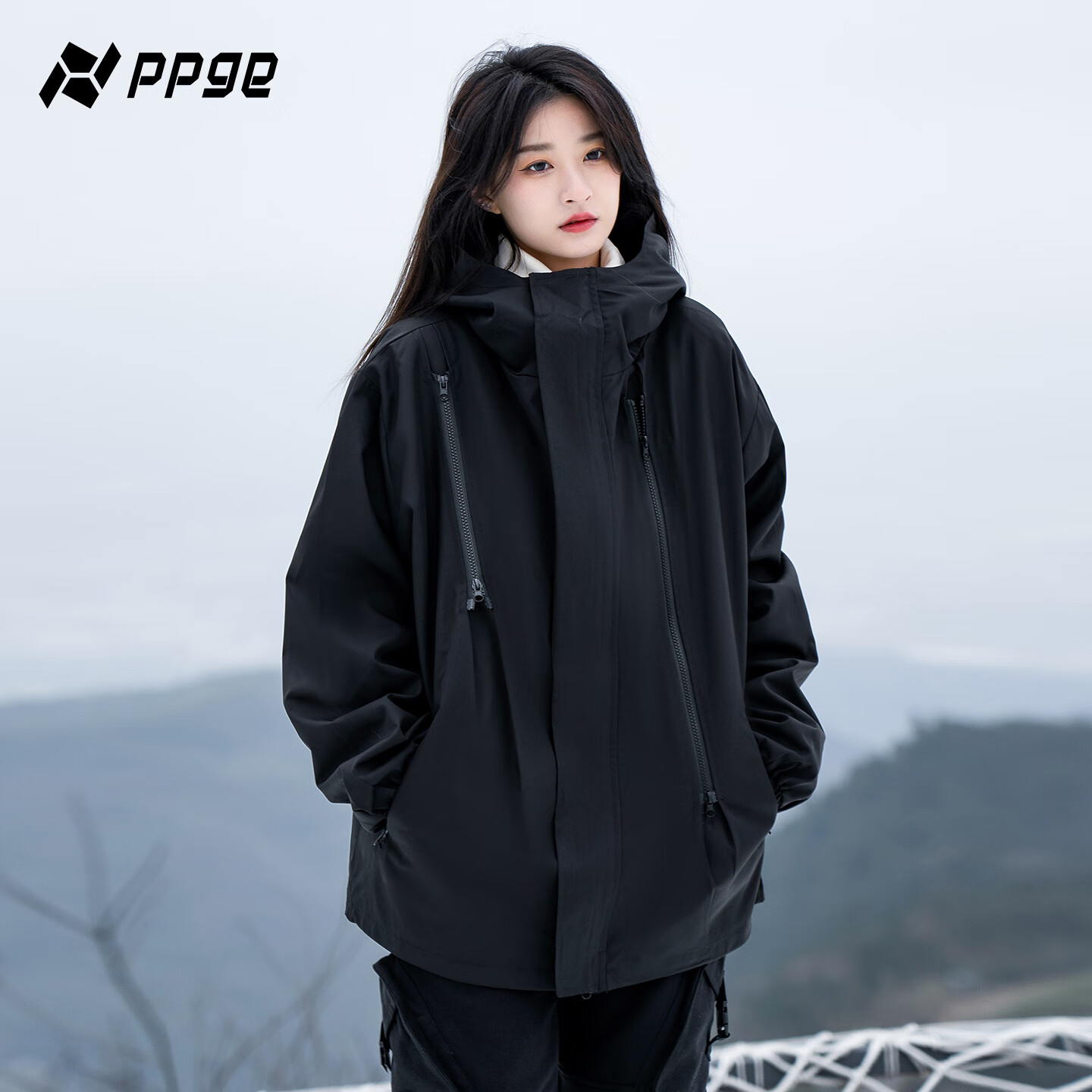 PPGE冲锋夹克防风防泼水双拉链机能外套户外登山衣服男女同款运动夹克 【双拉链】软壳-黑色 M 体重80-100斤