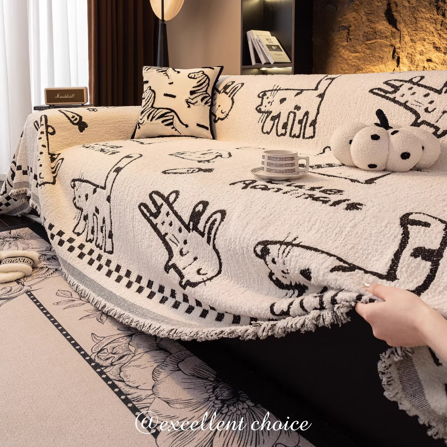 无印良品沙发巾沙发盖布巾全盖2025新款四季通用防滑沙发套罩盖垫遮盖布 童趣猫-黑色【优质面料 健康所选】 180*130cm 【适合小单人位】