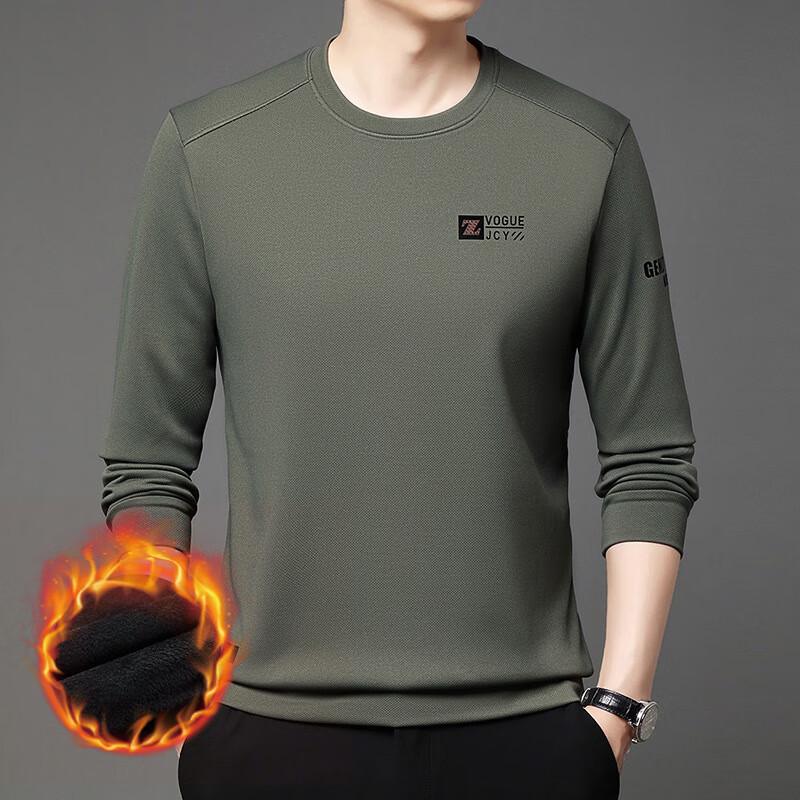 CronetKcnsy秋冬季男士圆领长袖t恤卫衣新款加绒加厚保暖内衣单件上衣打底衫 卡其-加绒 L 【建议115-130斤】