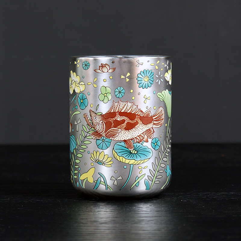 景盏景德镇工艺999纯银粉鎏银大号茶杯主人杯个人专用大容量可乐杯酒 鎏银-鱼藻纹直筒茶杯200ml-安全装 200mL(含)-400mL(含)