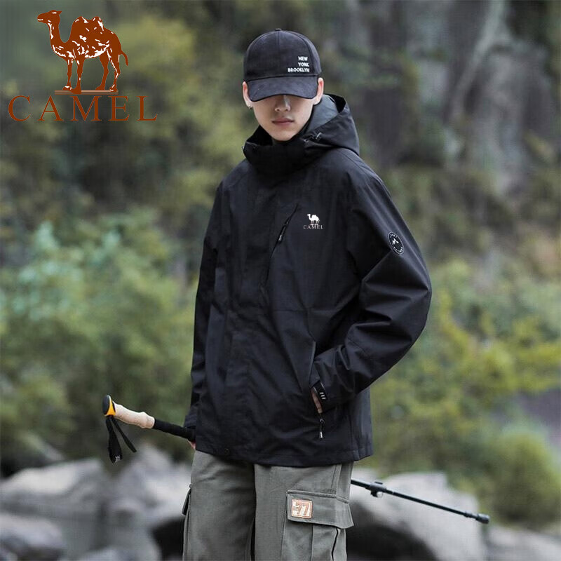 骆驼（CAMEL）户外冲锋衣男士三合一可拆卸外套2025新款防风防水登山服夹克 黑色8908【单外衣】 XL 建议140-155斤