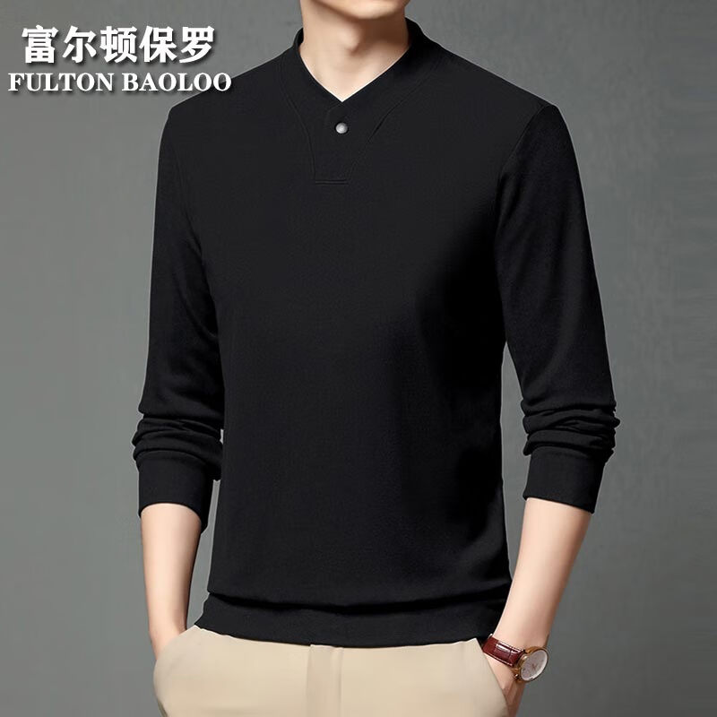 FULTON BAOLOO 富尔顿保罗男士长袖t恤冬季新款V领德绒保暖打底衫中青年简约纯色百搭体恤衫 黑色 4XL （建议190到210斤穿）