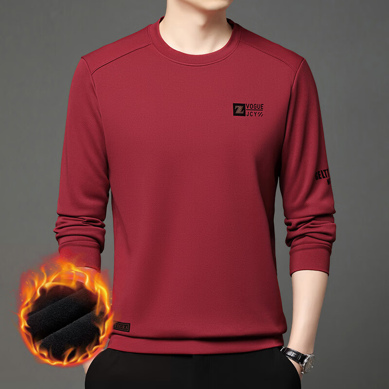 CronetKcnsy秋冬季男士圆领长袖t恤卫衣新款加绒加厚保暖内衣单件上衣打底衫 卡其-加绒 L 【建议115-130斤】