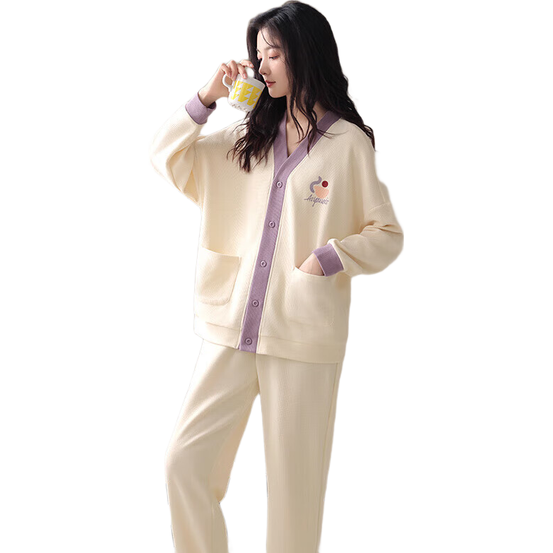 猫人（MiiOW）女士睡衣女华夫格长袖长裤透气V领时尚撞色可外穿开衫家居服套装 米色 2XL