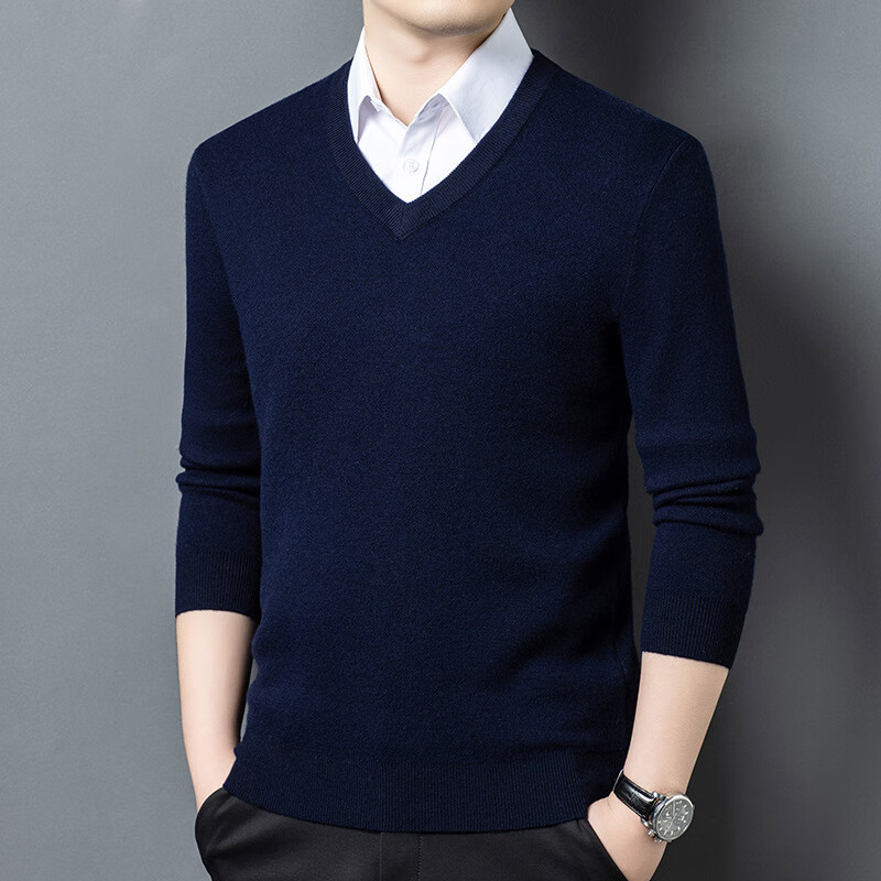 HARTMARX雅戈尔500g重磅加厚男士羊毛衫100纯羊毛秋冬新款纯色V领毛衣打 特黑-100纯羊毛 4XL